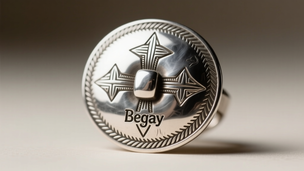 Macro shot of a Navajo silver concho back showing a stamped Begay hallmark and sterling mark under bright, focused studio lighting.