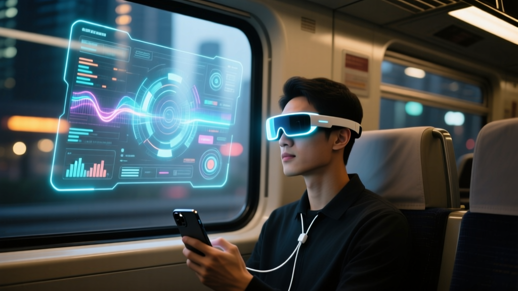 A tech enthusiast on a dimly lit train wearing sleek AR display glasses connected to a smartphone, viewing a massive virtual screen.