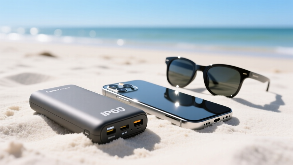 Rugged IP67-rated portable power bank resting on white sand next to a smartphone and polarized sunglasses under bright coastal sunlight