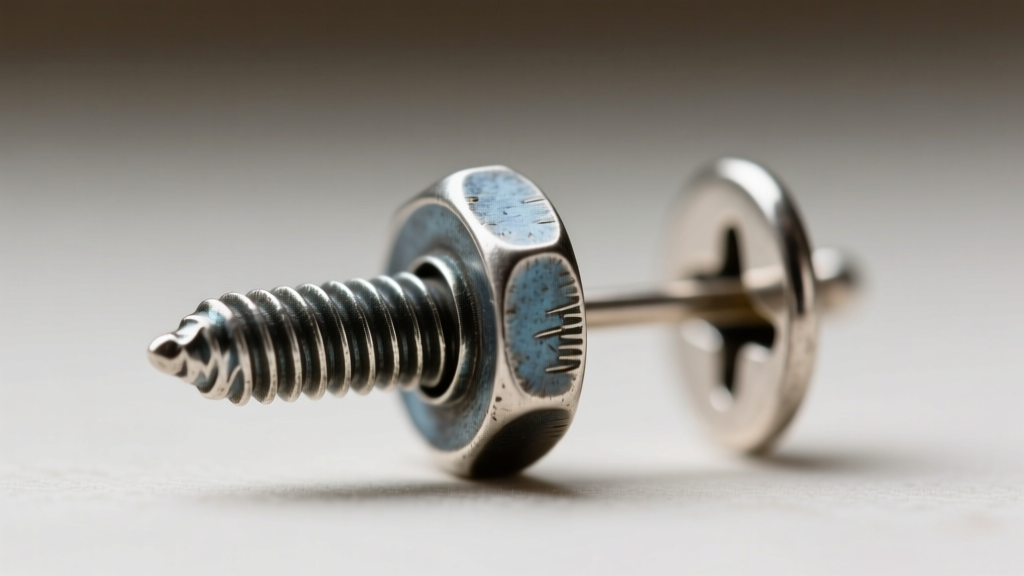 Extreme macro of a 1920s screw-back earring clasp showing the threaded post and paddle-style nut in patinated silver metal