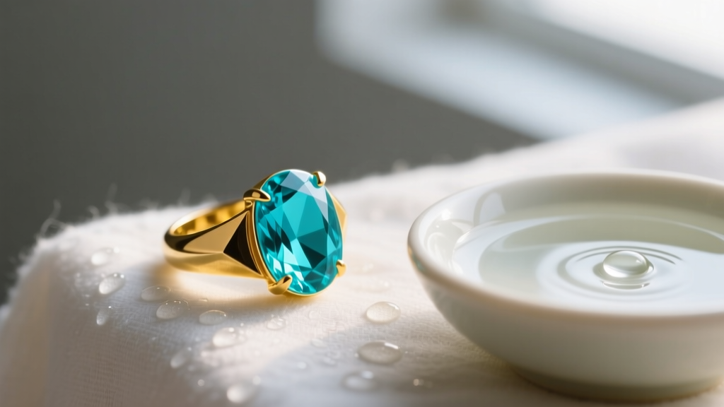 Blue turquoise cabochon set in a 14k yellow gold ring, displayed next to a soft damp cloth and a small bowl of mild soapy water.
