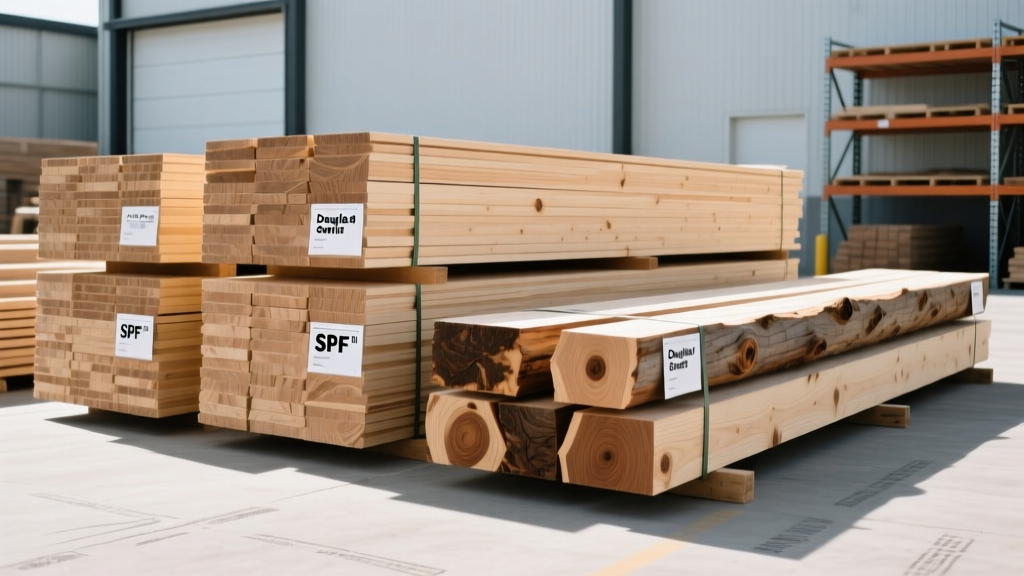 Stacked bundles of SPF framing lumber and Douglas Fir beams in a well-lit construction supply yard with pricing tags visible