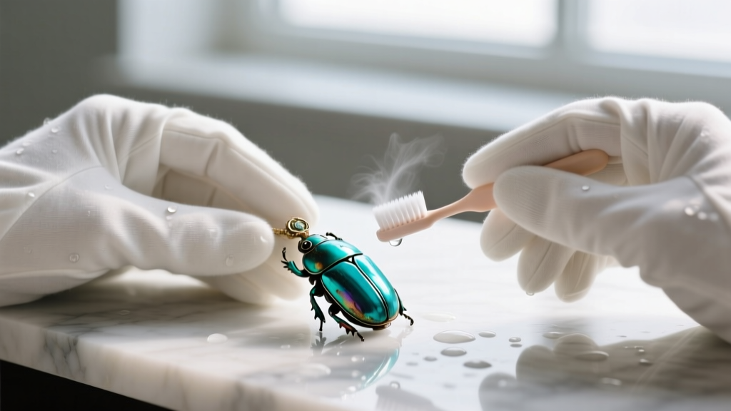 Hands in white cotton gloves gently brushing a turquoise vintage scarab pendant with a soft baby toothbrush and distilled water.