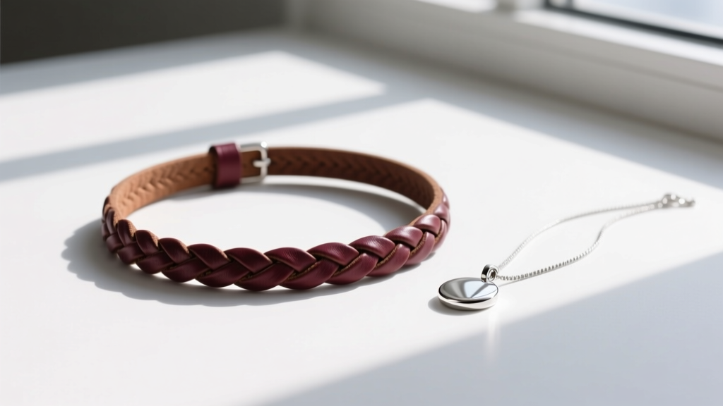 Flat lay of a braided vegan leather neck choker necklace beside a sterling silver pendant, lit by soft natural window lighting.
