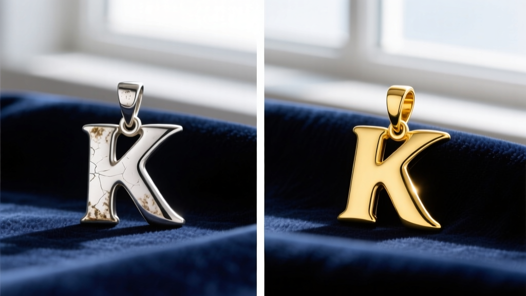 Side-by-side macro comparison of a tarnished sterling silver K pendant and a bright 14k yellow gold vermeil K pendant on velvet.