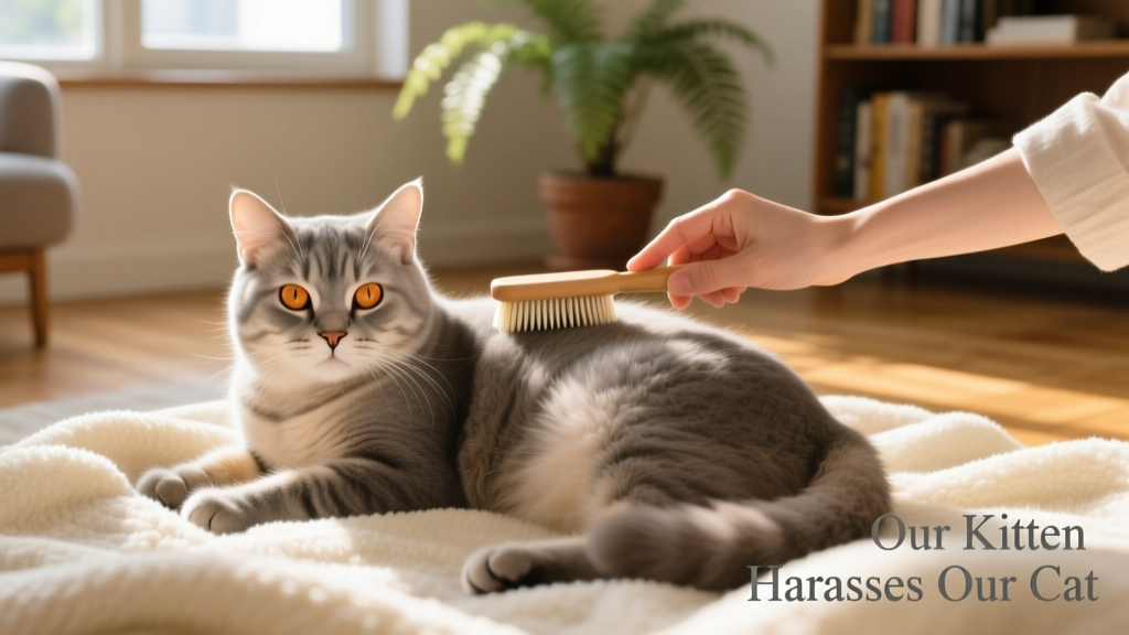 An older cat relaxing calmly on a soft blanket while being gently brushed by a hand