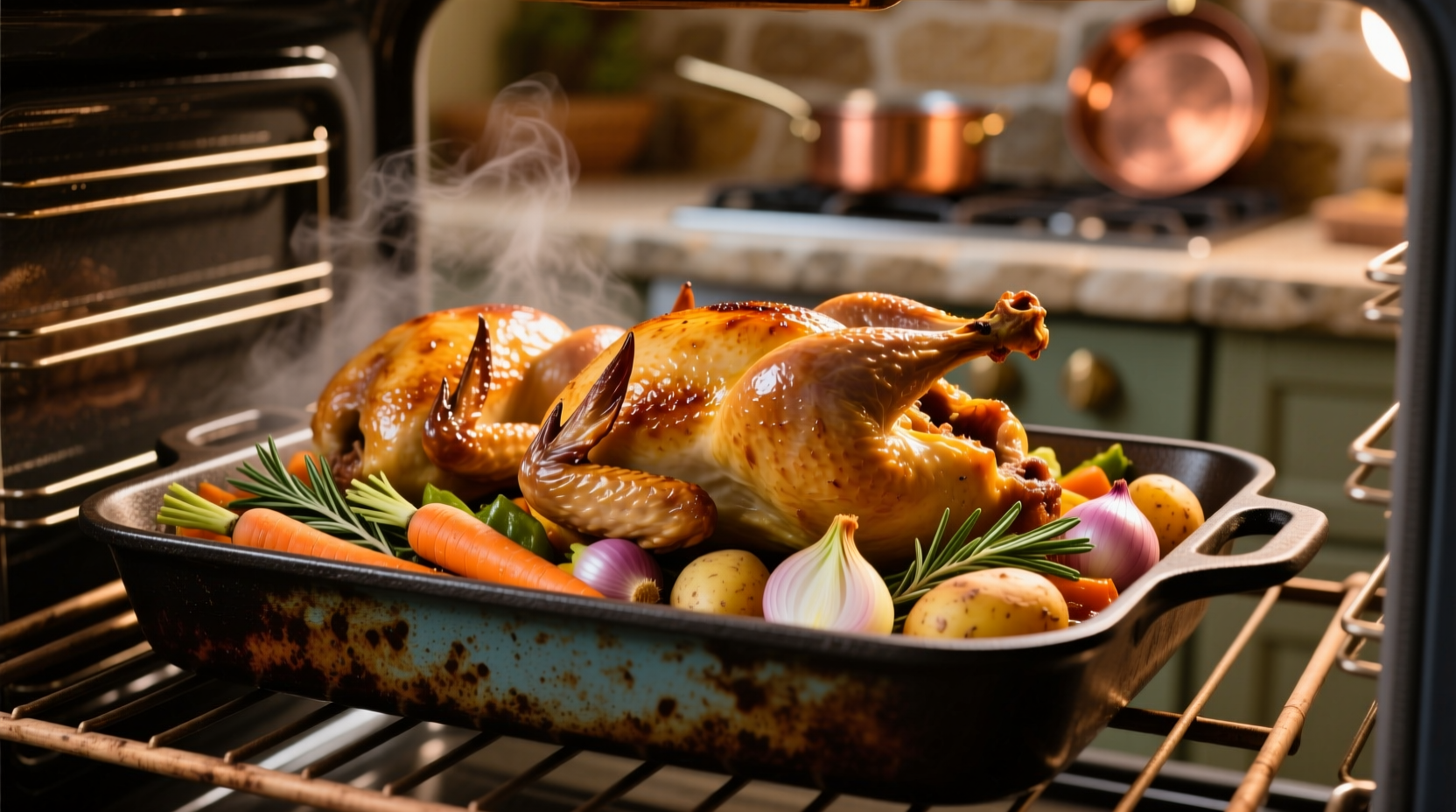 Golden brown Cornish hens roasting in oven with vegetables