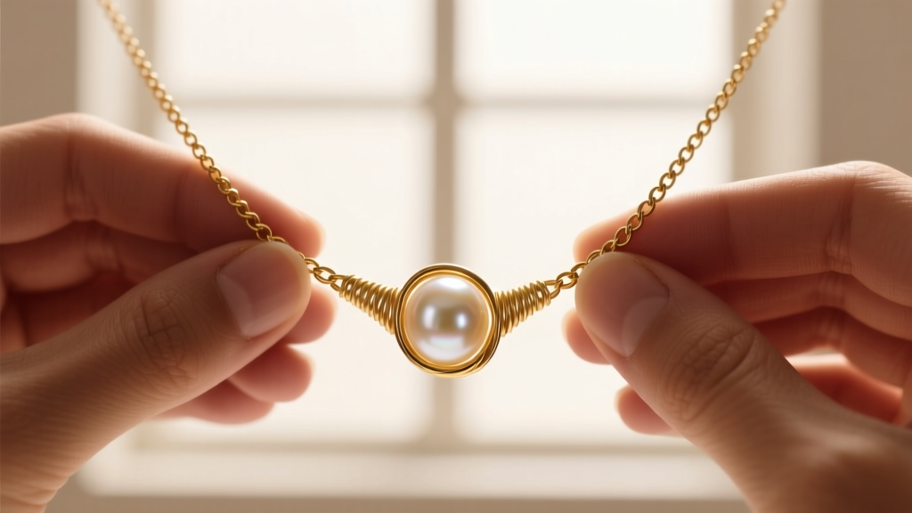 Jeweler securing a 20-gauge gold wire wrap around a pearl station, showing structural linking on a delicate chain necklace
