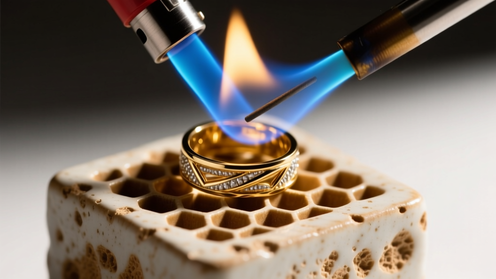 Close-up of a butane micro-torch firing a blue flame onto a 14k gold ring seam resting on a honeycomb ceramic soldering block.