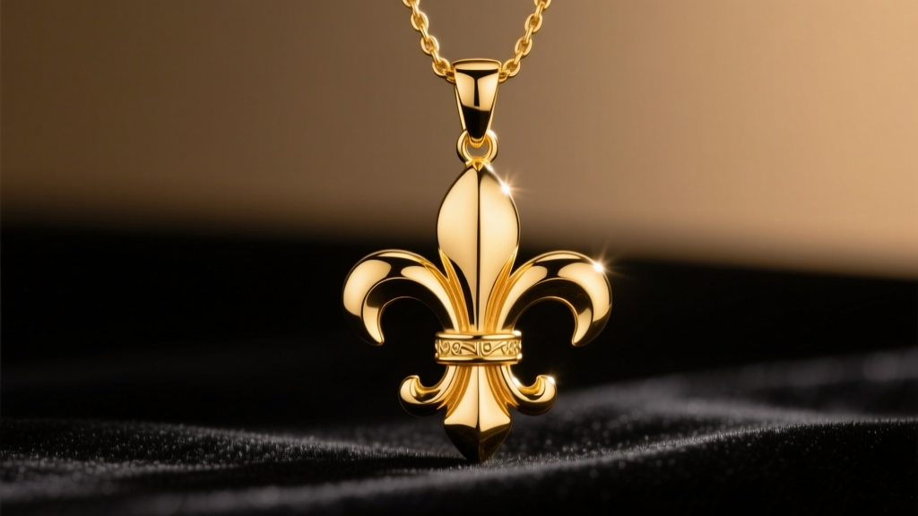 14k yellow gold fleur de lis pendant on dark velvet, showing the three-petal design and central band under warm studio lighting.