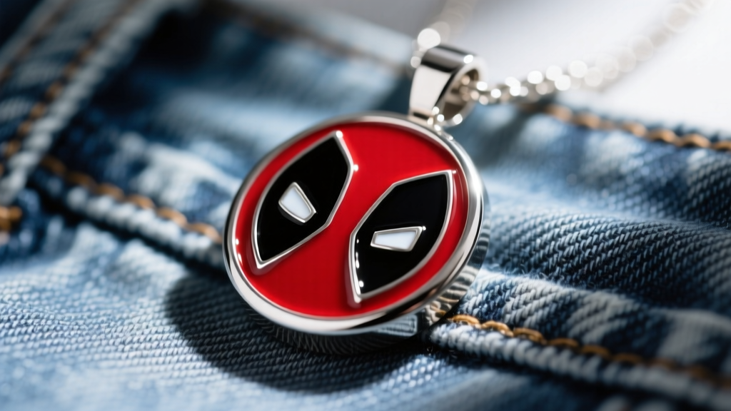 Macro shot of a hard enamel Deadpool pendant with red and black epoxy set in a polished silver bezel, resting on raw denim fabric.