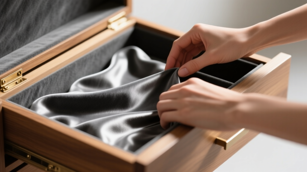 Close-up of hands lining the interior of a wooden jewelry drawer with charcoal-grey Pacific Silvercloth anti-tarnish fabric.