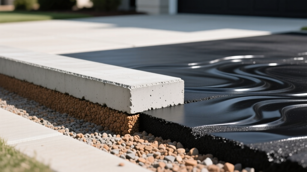 Cross-section of a residential driveway showing a six-inch concrete slab over compacted aggregate base beside a hot mix asphalt layer