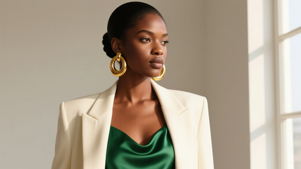Styling collage showing a woman with an updo wearing 3-inch gold Fulani hoops paired with a structured blazer and silk camisole