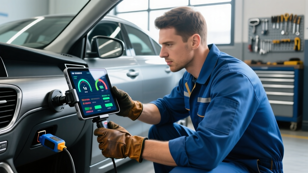 Mechanic using a Bluetooth OBD-III diagnostic scanner on a vehicle port, displaying real-time telematics data on a rugged tablet.