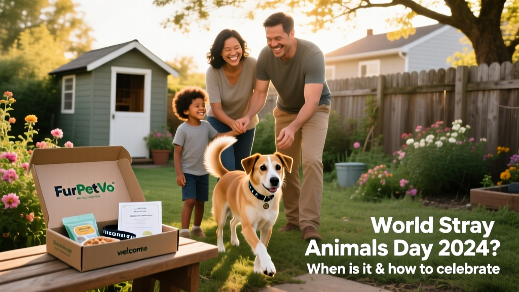 A joyful family introducing their newly adopted stray dog to their backyard, with FurPetVo branded welcome kit visible nearby