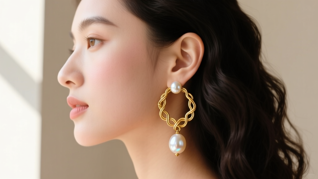 Side profile of a woman wearing DIY gold huggie hoops with baroque pearl charms, showcasing the secure wire-wrapped attachment