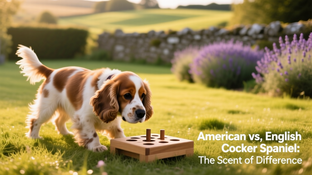A Cocker Spaniel happily working a scent puzzle on grass during a sunny outdoor session