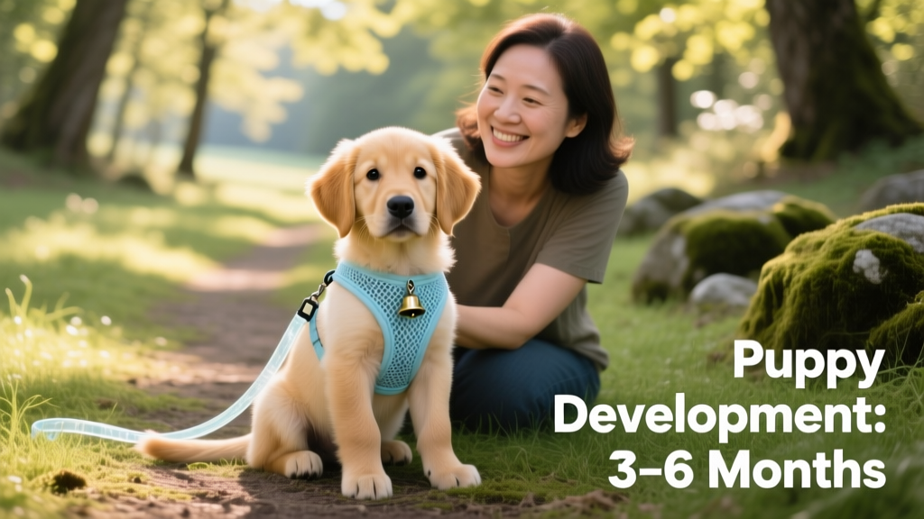 A 5-month-old puppy calmly sitting beside its owner on a grassy path, wearing a lightweight harness and loose leash