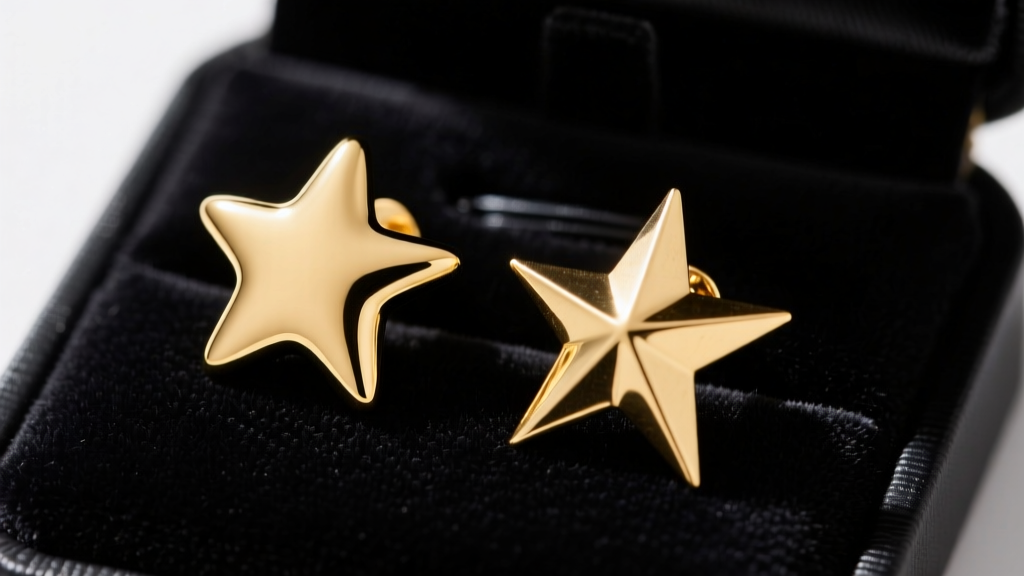 An 18k gold star earring with soft tips next to a sharp 14k gold star earring resting on a dark velvet jewelry display pad.
