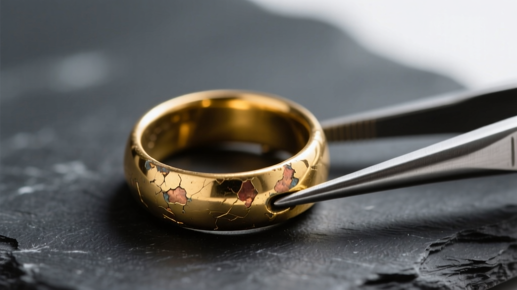 Close-up of a tarnished gold-plated brass ring held by tweezers on dark slate, showing worn edges and copper bleed underneath.