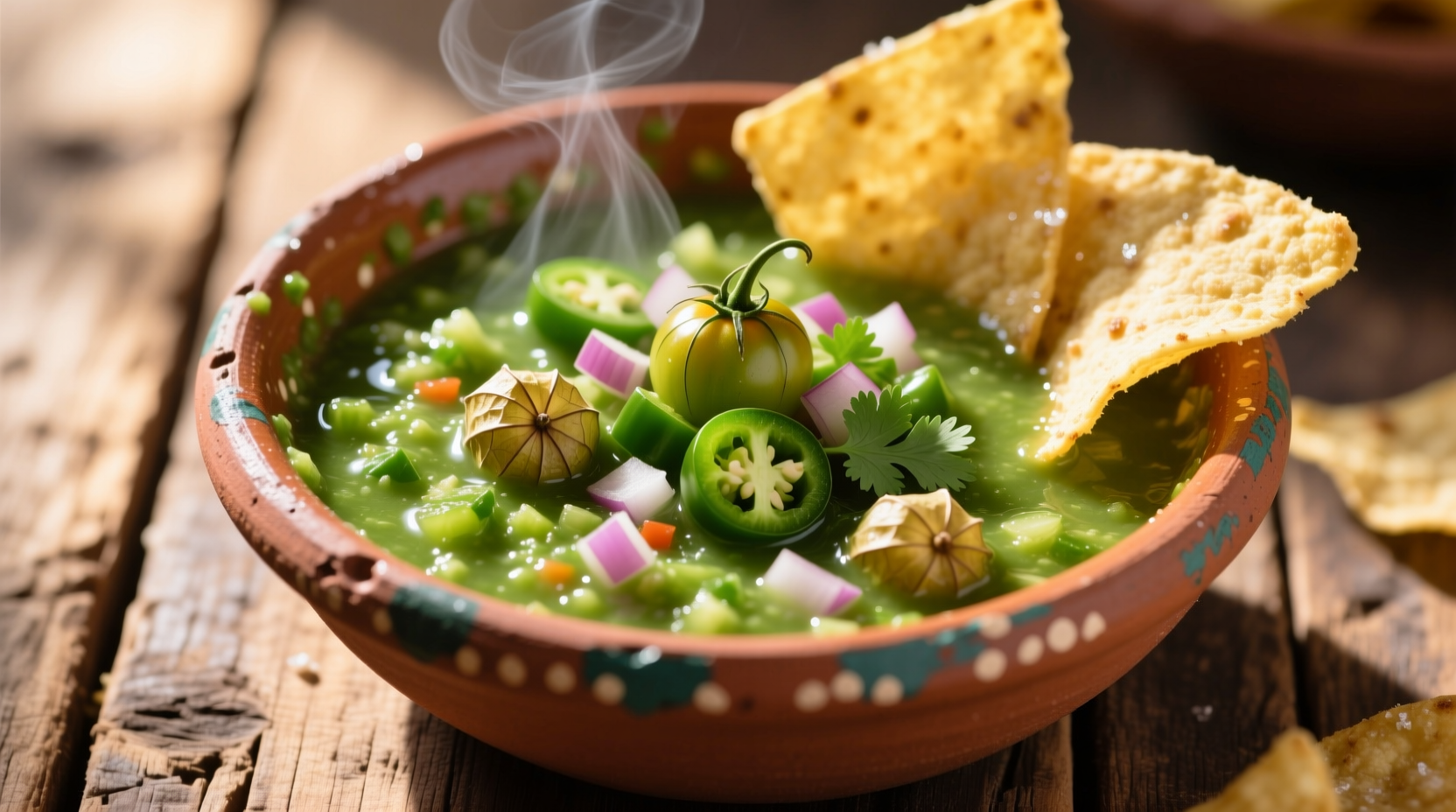 Fresh green tomato salsa verde in clay bowl with tortilla chips