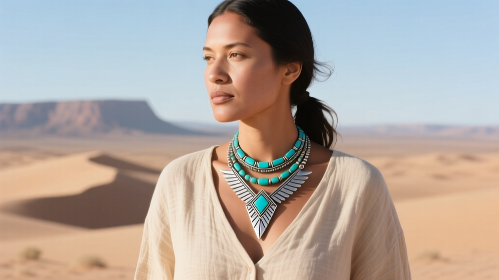 Woman wearing a layered native american arrowhead necklace over a beige linen V-neck shirt, highlighting desert jewelry style.
