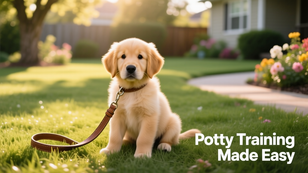 A young puppy calmly squatting on grass in a sunny backyard, with a gentle leash nearby
