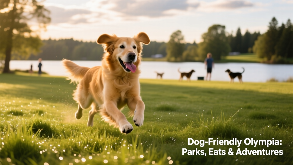 A joyful dog running across a sun-dappled grassy field at Ward Lake Off-Leash Dog Park