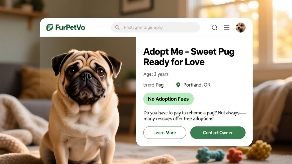 Screenshot-style graphic showing a clean, user-friendly FurPetVo listing page for a Pug