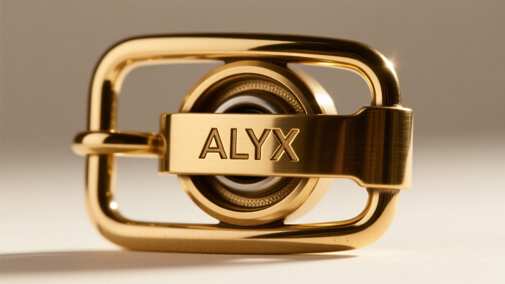 Macro shot of authentic brass ALYX rollercoaster buckle, showing precise CNC milled roller wheel and deep logo engraving.