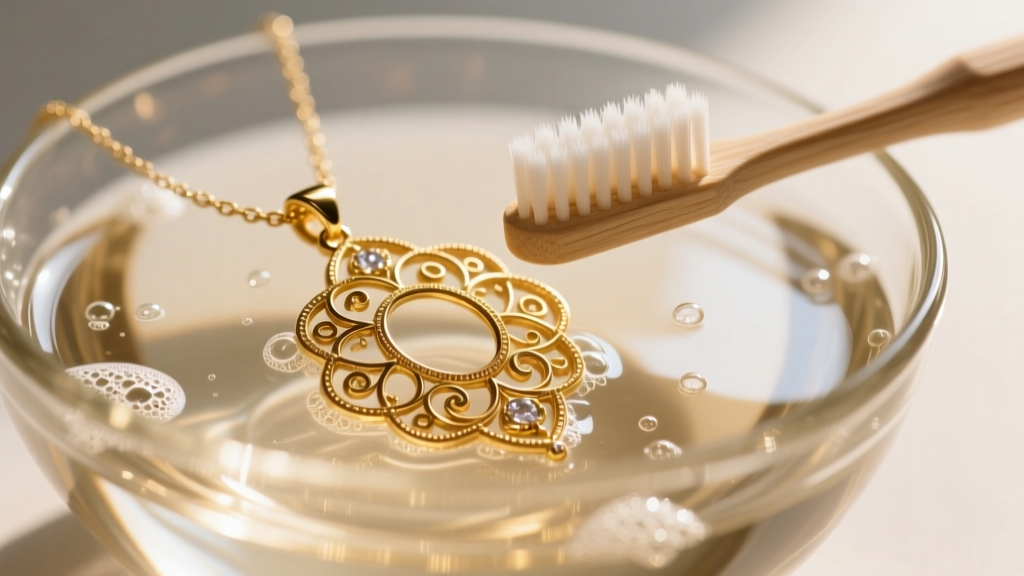 Glass bowl with warm soapy water and a soft toothbrush gently scrubbing an intricate 18k gold Mompox filigree pendant necklace