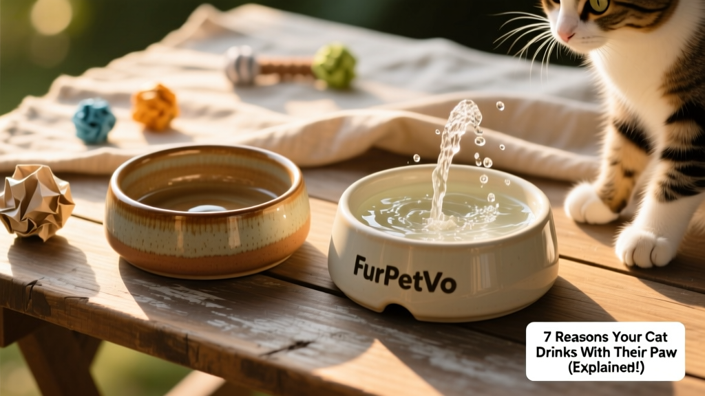 Two ceramic FurPetVo water bowls side-by-side—one shallow and wide, one with gentle fountain flow