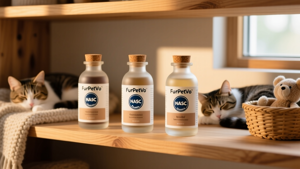 A tidy shelf displaying several FurPetVo herbal supplement bottles with clear labeling and NASC Quality Seal visible
