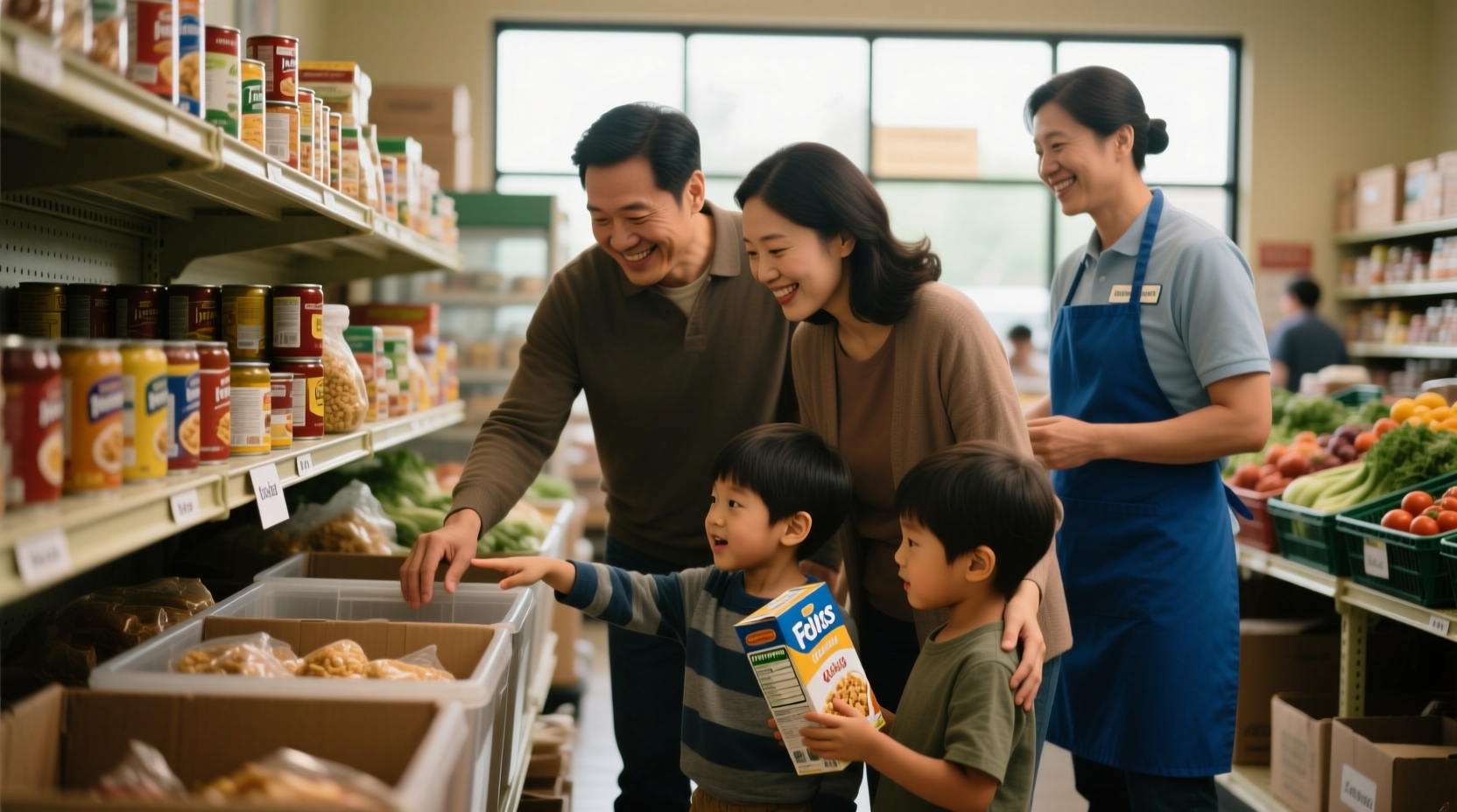 Family examining food options at community food pantry