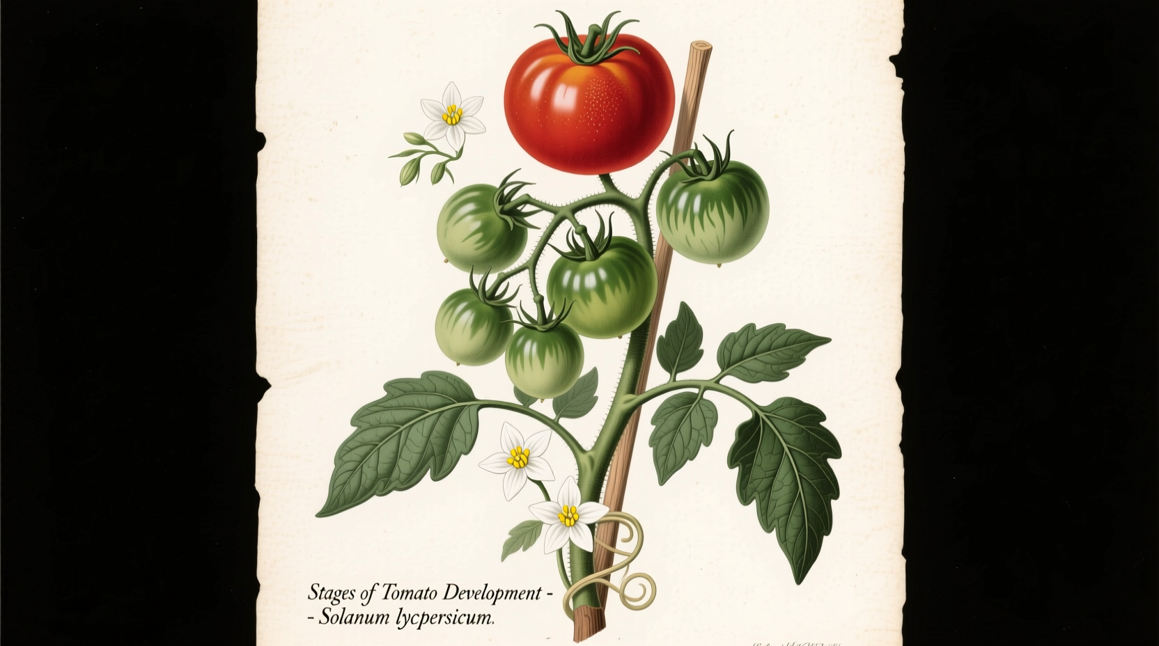 Tomato plant showing flowers and fruit development stages