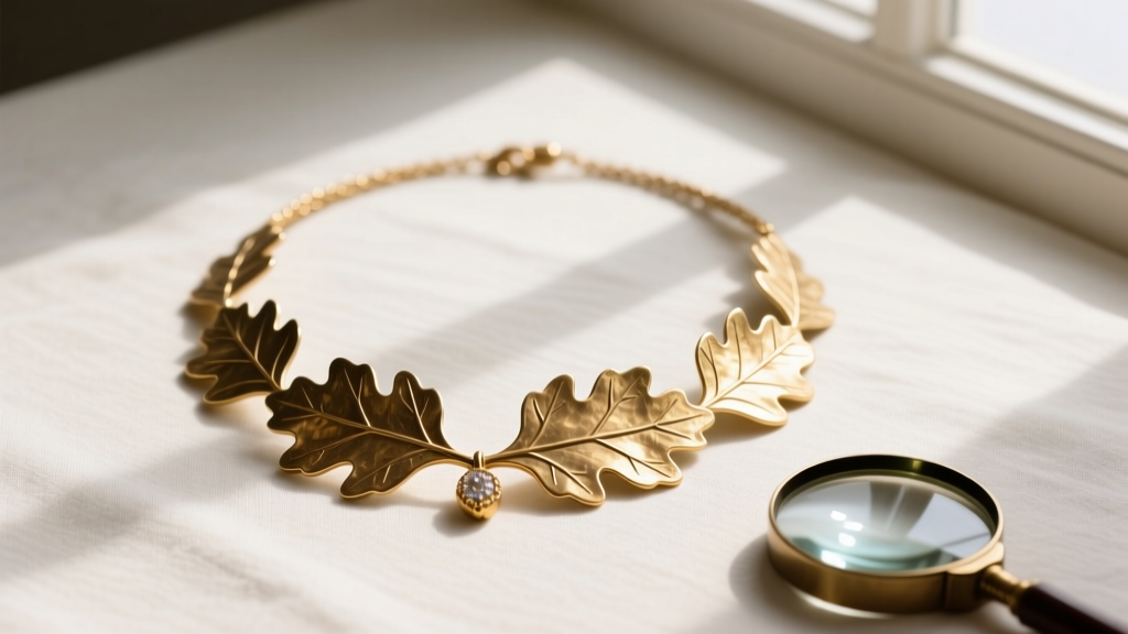Flat lay of an electrum ancient Greek necklace with oak leaf motifs, a jeweler's loupe, and raw electrum on a white marble slab.