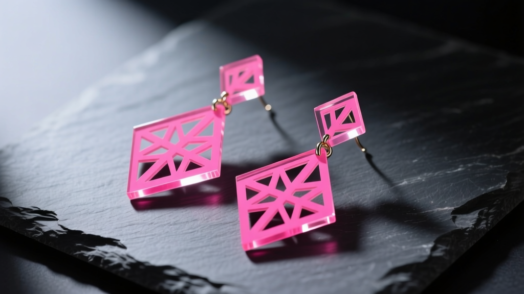 Flat lay of laser-cut acrylic shoulder duster earrings in neon pink on a dark slate surface under soft diffused overhead light