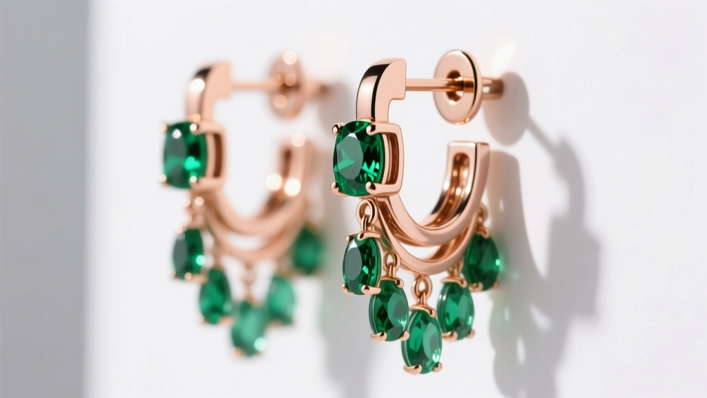 Side profile of heavy 14k rose gold emerald chandelier earrings showing thick 18-gauge posts and secure omega back clasps on stand