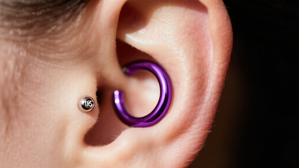Macro shot of ear wearing 16-gauge anodized niobium hoop in deep purple, showing healed cartilage piercing on clear skin.
