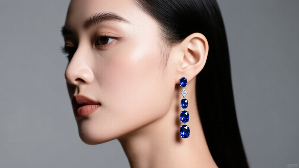 Side profile of a model wearing elongated sapphire diamond dangle earrings framing a round face shape under soft studio lighting