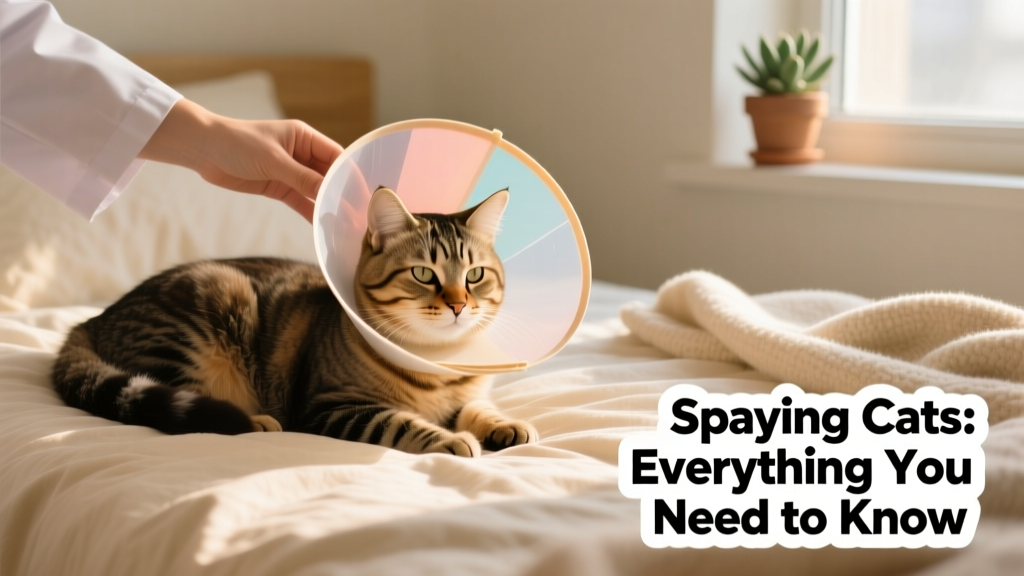 Cat wearing a soft recovery cone, resting calmly on a plush, warm bed
