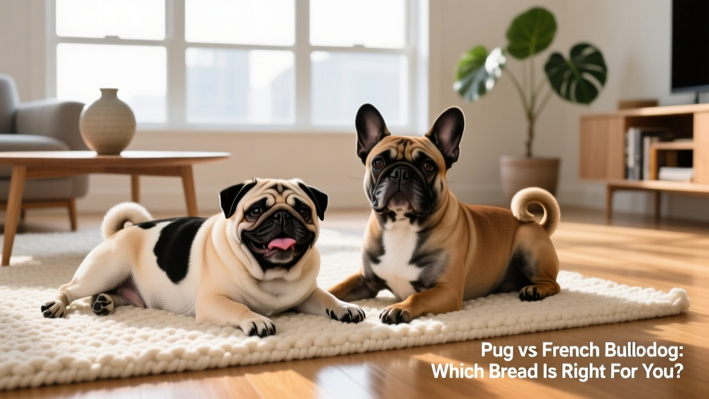 A happy Pug and French Bulldog resting side by side on a soft rug, illustrating their relaxed, companionable nature