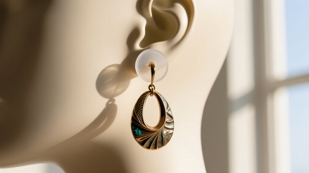 Close-up of a heavy bronze sculptural drop earring supported by a clear silicone stabilizer disc on a mannequin ear, soft shadows.