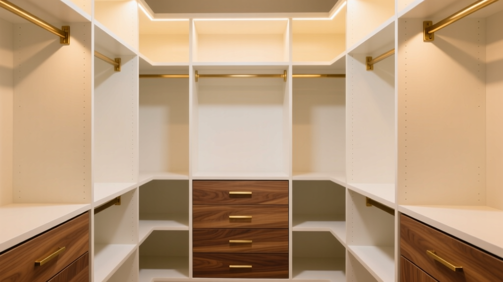 Interior of a modern walk-in closet featuring white melamine shelving, brushed brass hardware, and solid walnut drawer fronts under warm LED lighting