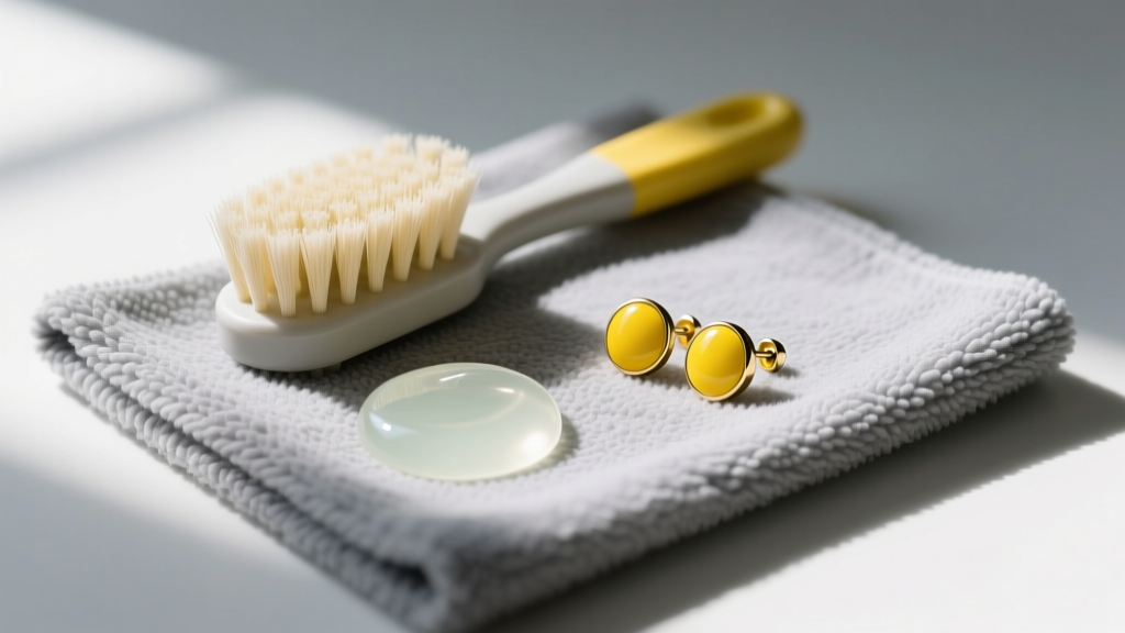 Top-down view of a cleaning setup with a soft brush, mild soap, and enamel yellow stud earrings resting on a gray microfiber cloth
