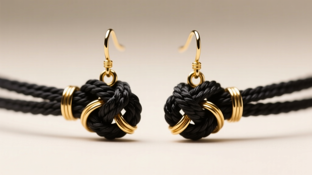 Macro shot of micro-macrame earrings using 0.3mm black waxed cotton cord woven with 14k gold wire accents in soft studio lighting