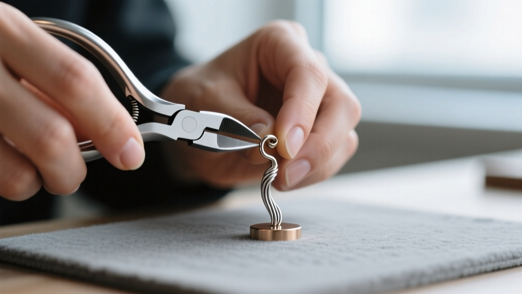 Jeweler hands using flush cutters to swap a base metal earring hook with a titanium wire, positioned on a soft gray mat.