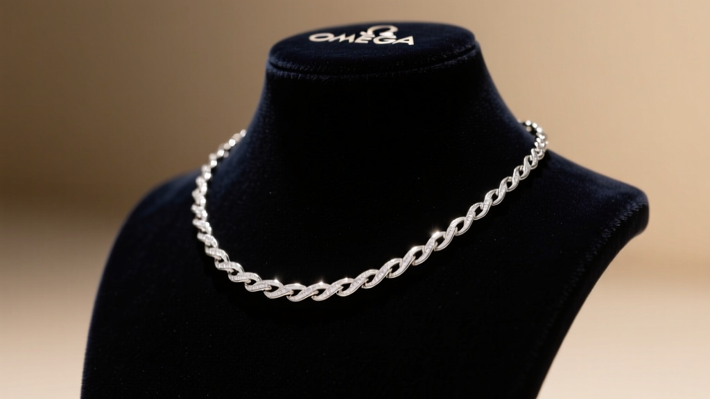 Polished sterling silver omega necklace draped elegantly over a dark velvet jewelry display bust under soft, warm studio lighting