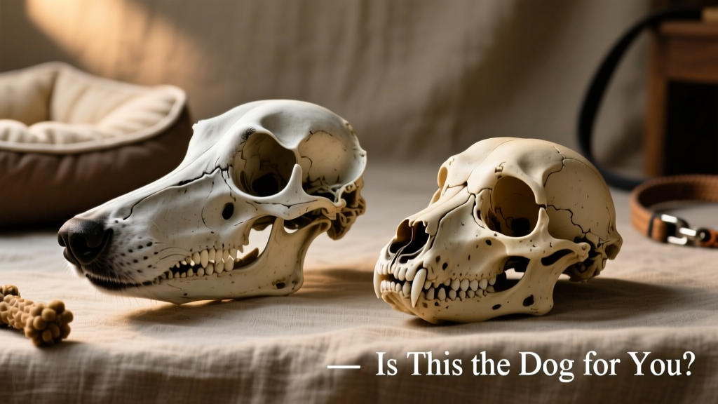 Side-by-side comparison of a healthy dog skull and a brachycephalic dog skull, highlighting shortened muzzle and compressed airway structures